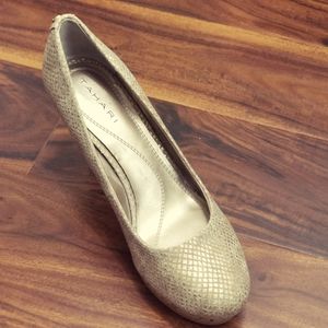 Tahari Womens Neutral Gold Snakeskin Print Cork Heels Platform Pumps Shoes 7.5 M